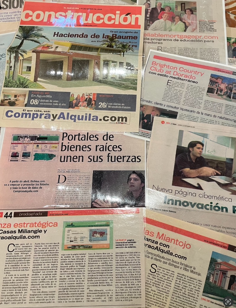 Recortes de El Nuevo Día sobre CompraoAlquila.com, ListMax y sus alianzas en la industria de bienes raíces