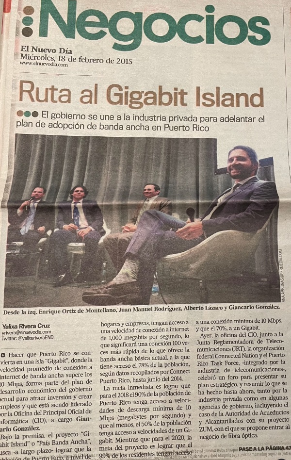 Nota de la sección Negocios de El Nuevo Día del 18 de febrero de 2015: “Ruta al Gigabit Island”