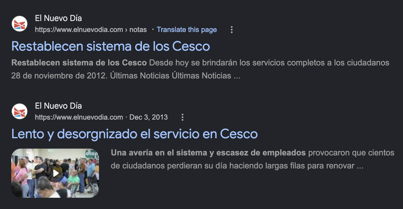 Noticias de 2012 sobre las fallas del sistema en los CESCO