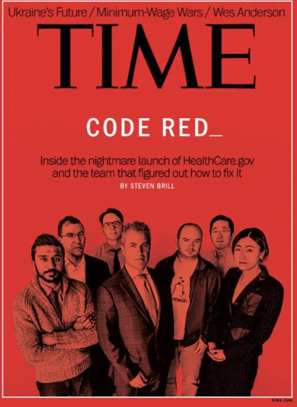 Portada de la revista TIME “Code Red” sobre el rescate de HealthCare.gov, con Mikey Dickerson y su equipo